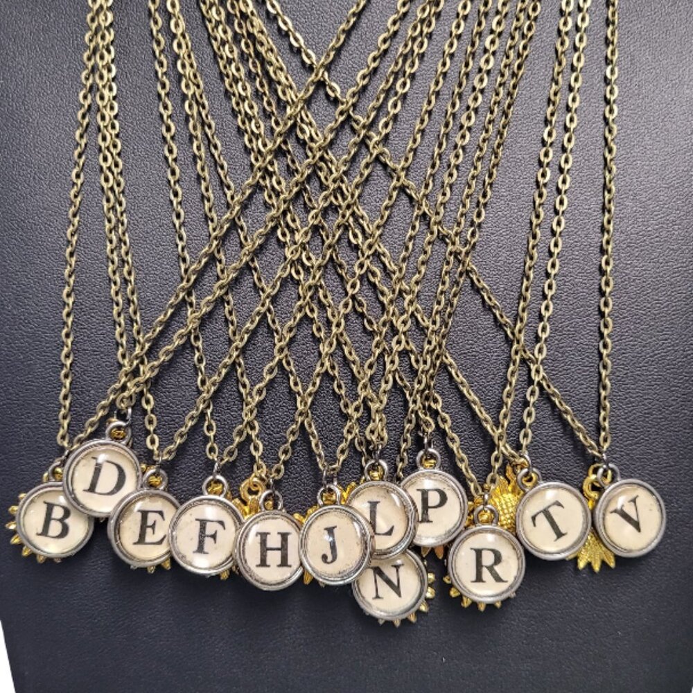Vintage Typewriter Key (Tim Holtz) Initials Gold Plated Sunflower Charm Necklace - Picture 6 of 14